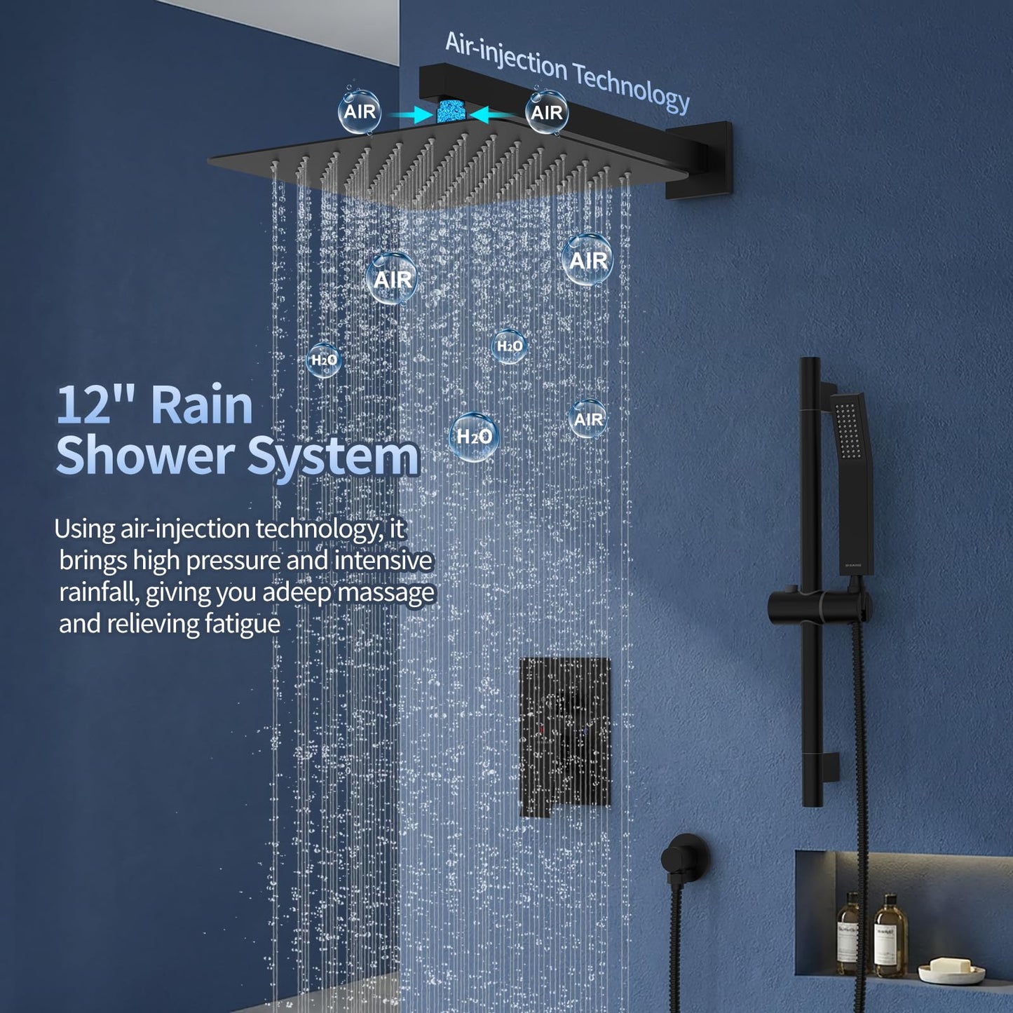SR SUN RISE 12 Inch Slide Bar Shower Faucet Luxury High Pressure Shower Heads and Handheld Spray Combo Set Wall Mounted Shower System Included Valve and Trim Kit, Matte Black