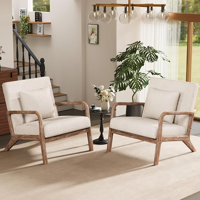 ELUCHANG Mid-Century Modern Chair,Accent Chair with Lumbar Pillow,Upholstered Armchair,Linen Fabric Comfy Reading Chair Beige, Linen, New Armrest, Set of 2