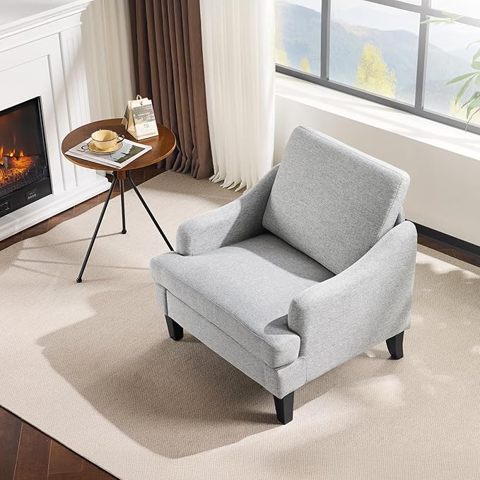 VINGLI Linen Fabric Accent Chair Grey, Modern Upholstered Armchair, Comfy Sofa Chair Living Room Bedroom Furniture for Apartment