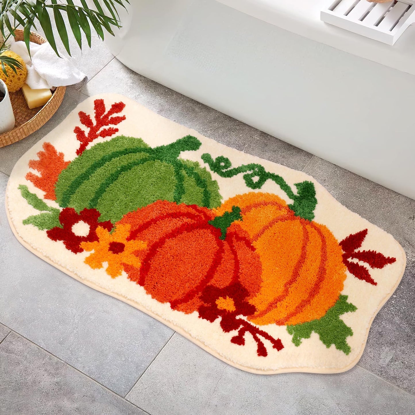 Percozzi Fall Pumpkin Bathroom Rug, Bath Mat Water Absorbent Non-Slip Washable for Shower Tub Bedside Floor Small Tufted Carpet Halloween Thanksgiving Accent Area Rug Decoration