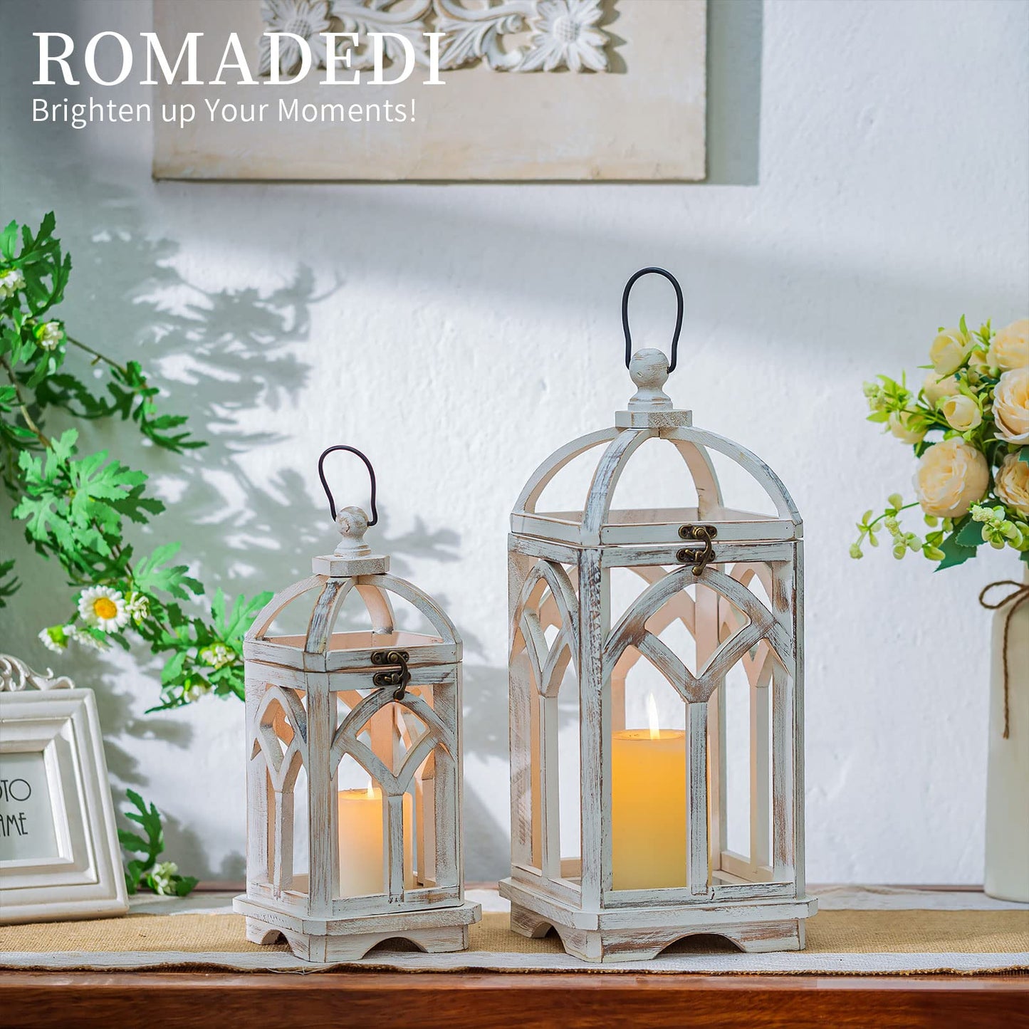 Romadedi Decorative Candle Lantern Wood - Rustic Wooden Lantern for Farmhouse Home Living Room Shelf Patio Table Decoration Christmas Holloween Wedding Party Table Centerpiece, Washedwhite
