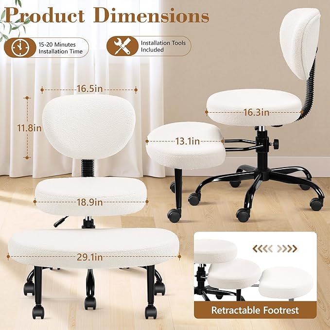 Ergonomic Cross Legged Office Chair with Wheels - Adjustable Height for Meditation, ADHD Desk & Yoga - Wide Criss Cross Design with Lumbar Support, Kneeling Chair - Off White
