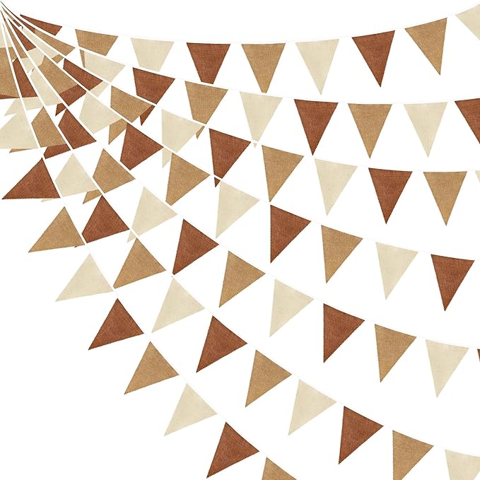 32Ft Brown Party Decorations Boho Pennant Banner Fabric Triangle Flag Linen Bunting Garland Streamers for Woodland Teddy B...