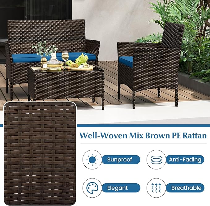KOTEK 4 Piece Patio Furniture Set, Outdoor Rattan Conversation Set with Loveseat, Wicker Chairs, Tempered Glass Coffee Table, Wicker Patio Set for Backyard, Porch (Peacock Blue)