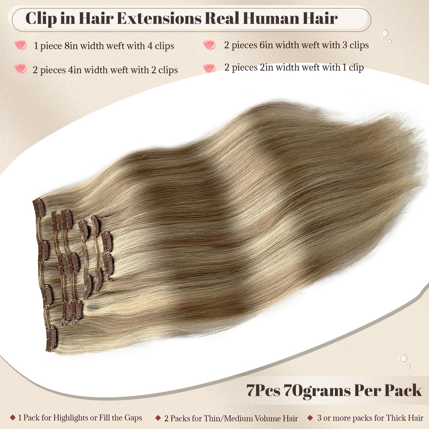 Balayage Hair Extensions Real Human Hair Brown and Blonde 20 Inch 7PCS Clip in Human Hair Extensions Ombre Highlights Medium Bro