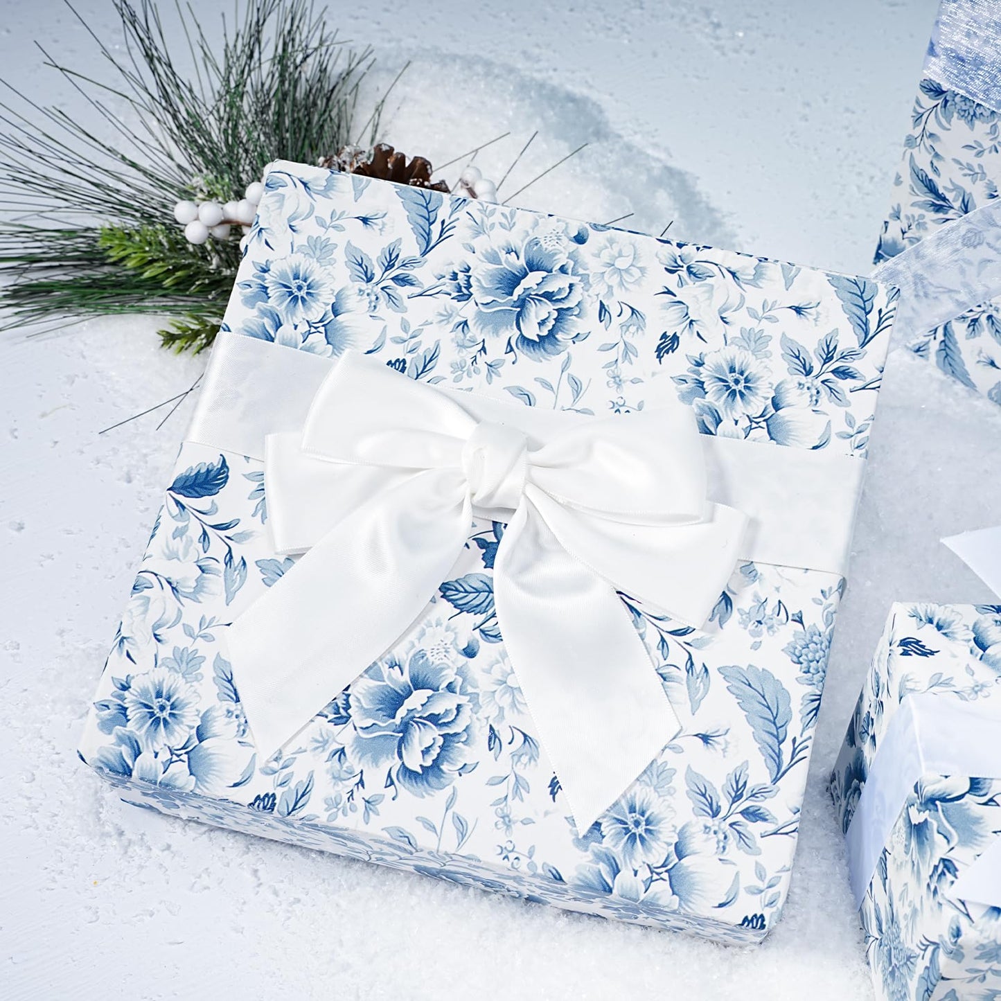BIOBROWN Floral Wrapping Paper Jumbo Roll - 30 Inch X 33 Feet (82.5 sq. ft. ttl.) Blue White Peony Design Chinoiserie Gift Wrap Stone Paper for Wedding, Bridal Shower, Mother's Day