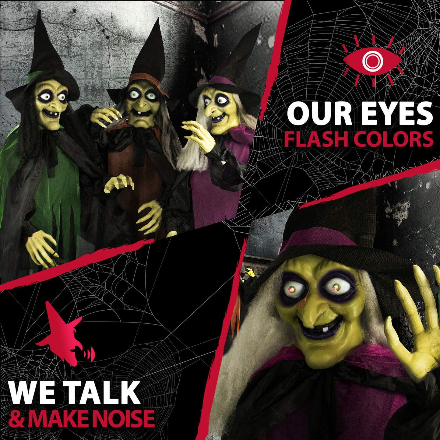 Haunted Hill Farm Life-Size Scary Talking 3 Witches with Cauldron Halloween Animatronic, Indoor or Covered Outdoor Poseable Halloween Decorations with Light up Eyes and Sound, Battery Operated