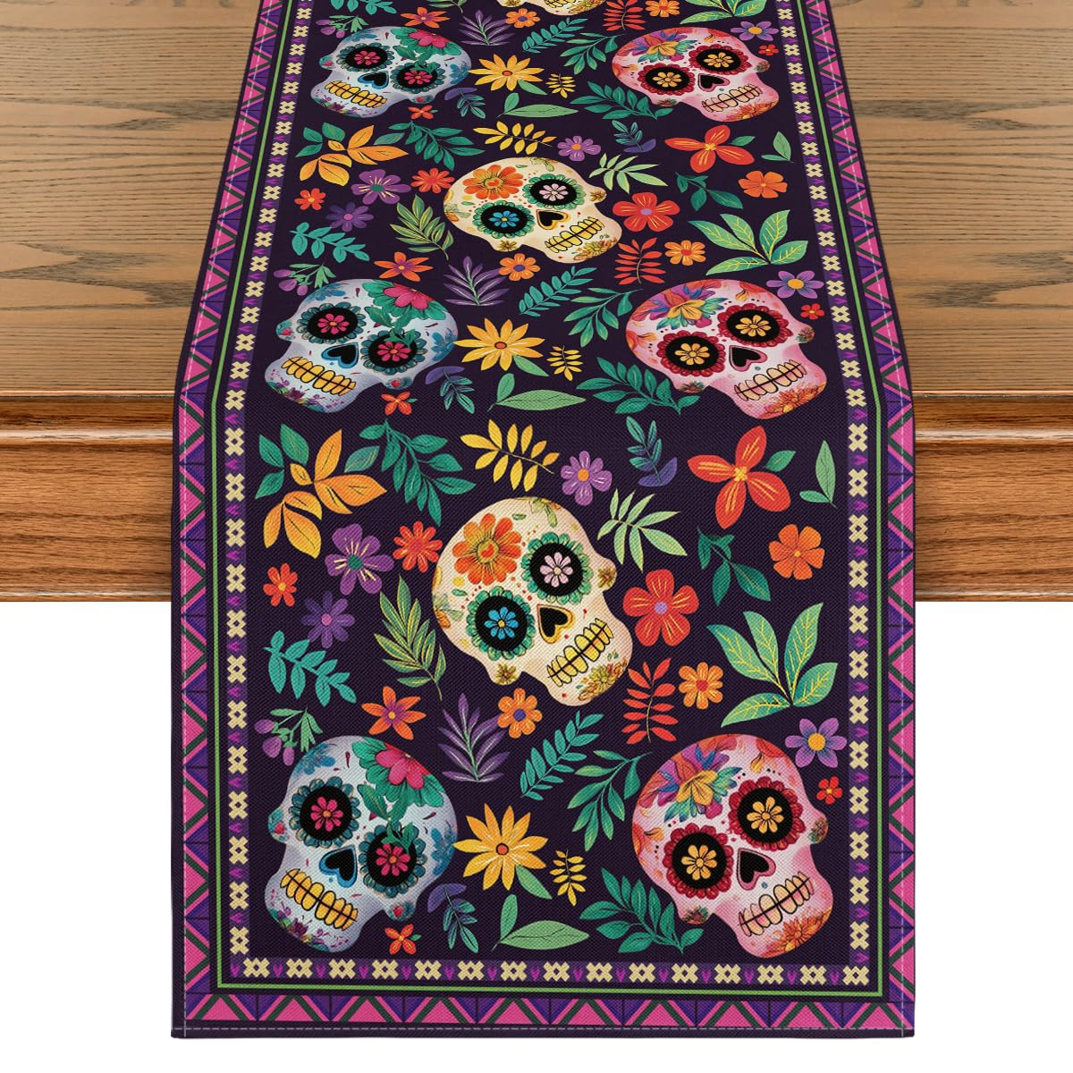 Artoid Mode Mexican Sugar Skull Dia De Los Muertos Table Runner, Day of The Dead Altar Kitchen Dining Table Decoration for Home Party Decor 13x72 Inch