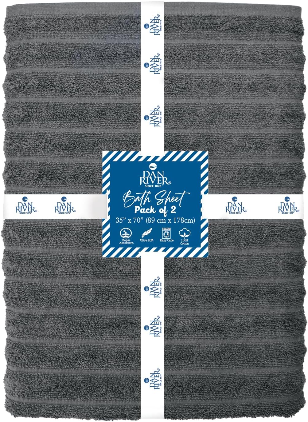 DAN RIVER Pack of 2 Bath Sheet 35x70 Inches, Extra Large Ribbed Gray Bath Towels Oversized, Absorbent Cotton Towels for Bathroom