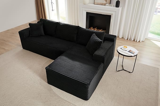 Vanress Cloud Couch Sectional, Corduroy Boneless Couch with L-Shape Chaise, Modern Modular Sectional Sofa Comfy Deep Seat for Living Room, Bedroom, No Assembly (Black, Right Facing Chaise)