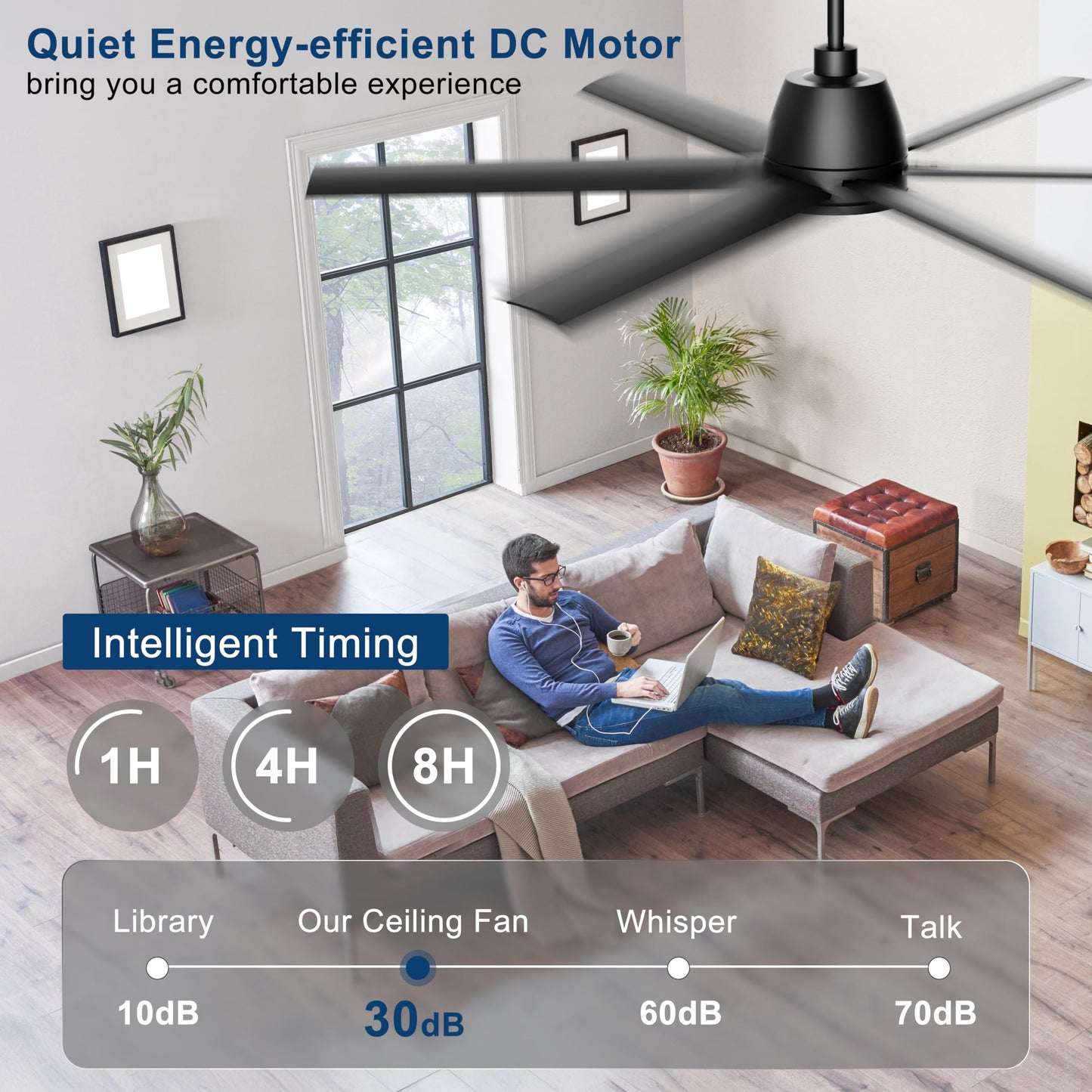 Phylluz 65 Inch Ceiling Fan With Lights - Black Ceiling Fan With Remote & App Control, 3Cct, Dimmable, Quiet Reversible Dc Motor