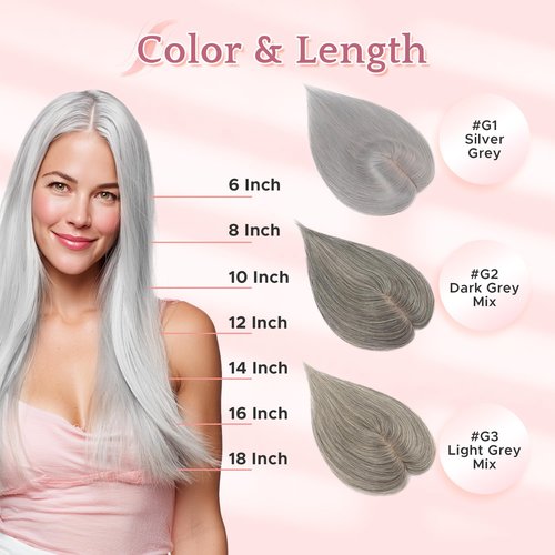 SEGO Grey Hair Toppers for Women Real Human Hair No Bangs, 7 * 13 CM Silk Base Clip In Topper Wiglet, Top Pieces for Women with Thinning Hair -6 Inch G1 Silver Grey