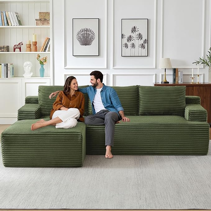 96" Cloud Sectional Couch with L-Shape Chaise, Modern Corduroy Boneless Couch for Living Room,Memory Foam Sofa with Deep Seat,No Assembly Required (Green,Left-Facing Chaise)