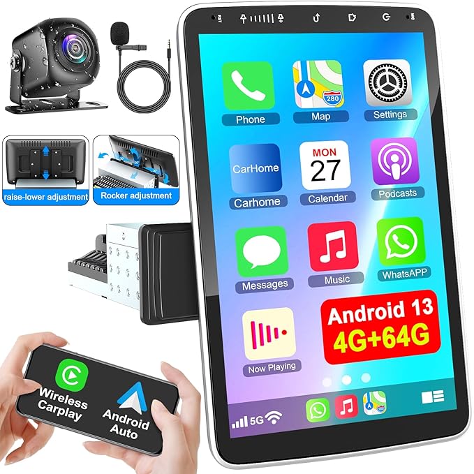 10 Inch Single Din Car Stereo Wireless CarPlay Android Auto Rotatable Touchscreen Android CarPlay Radio Bluetooth FM GPS N...