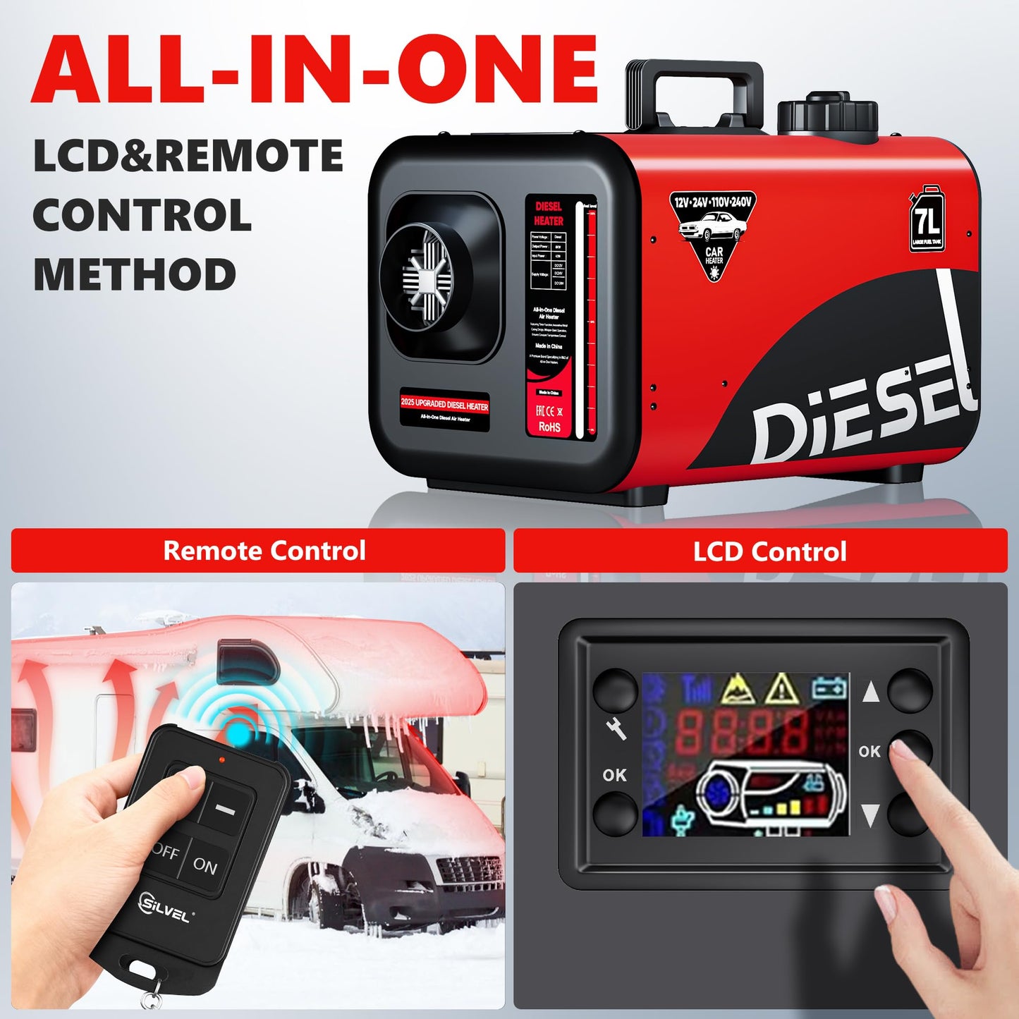SILVEL Diesel Heater 8KW 110V/12V/24V, All-in-One 7L-8L Portable Diesel Air Heater with LCD Screen, Remote Control, Suitable for Car, Camper, RV, Truck, Home, Garage, Shop, Boat, Red