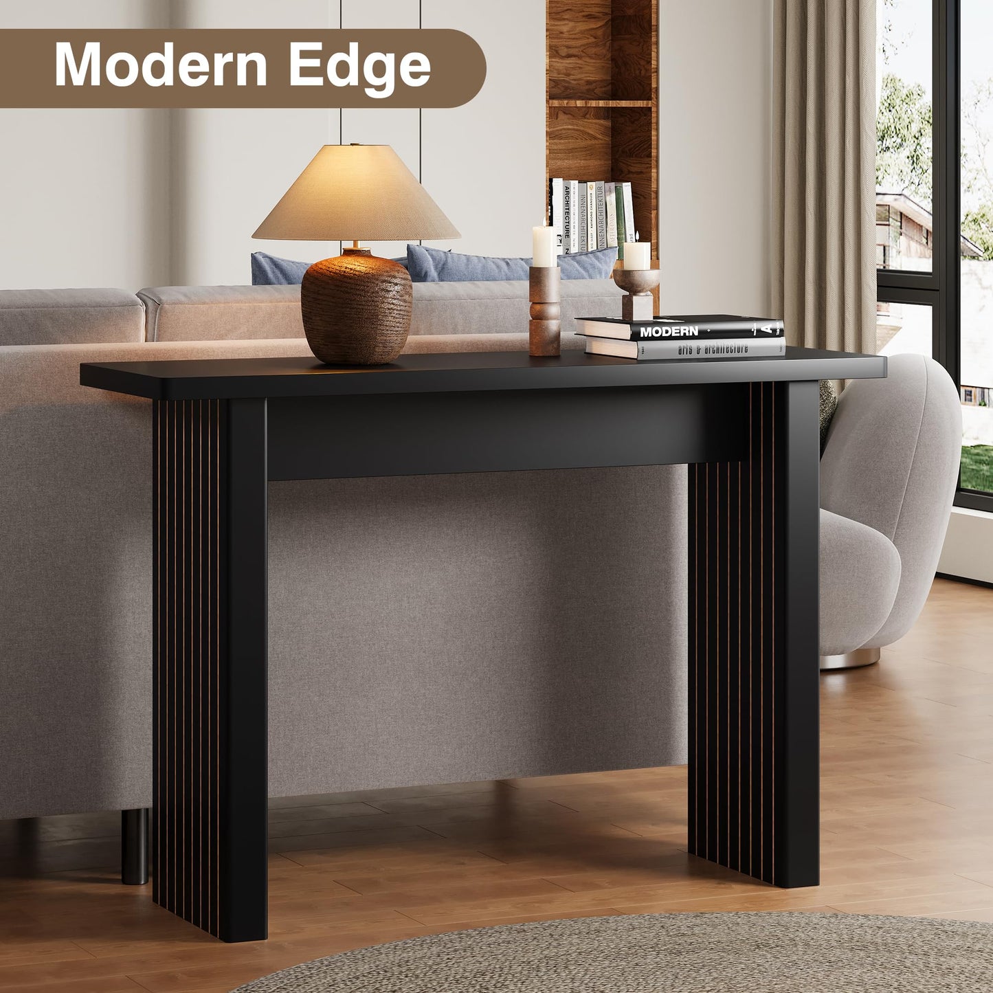 AVZEAR Mid Century Narrow Entryway Console Table, 43.3" Fluted Wood Couch Table Behind Sofa Long and Skinny for Living Room Hallway Entrance Foyer, Black