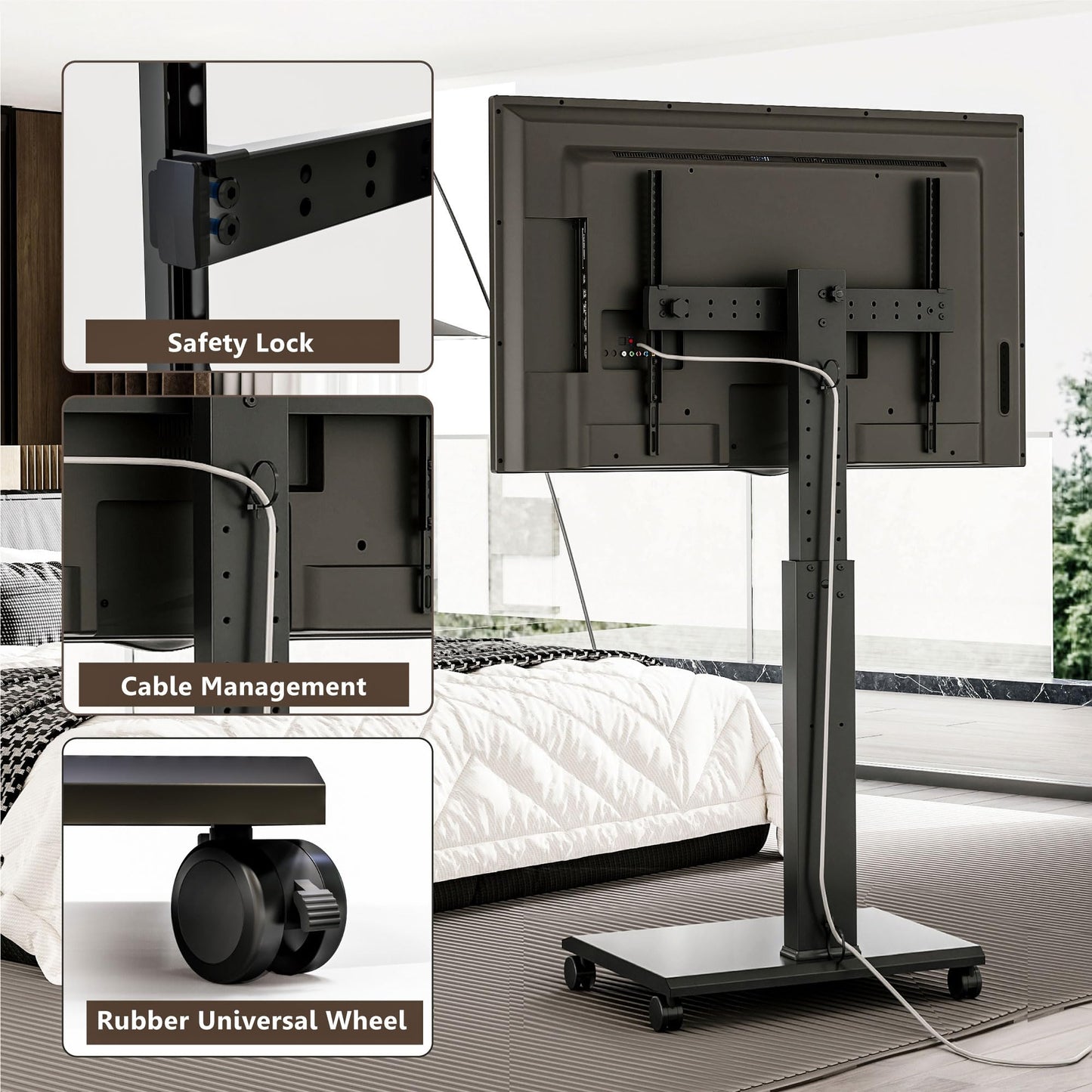 FITUEYES Rolling TV Stand - Portable Mobile TV Cart on Wheels for 32 to 65 70 75 Inch TVs, Landscape to Portrait Rotating and 40°Swivel, Height Adjustable TV Cart Rolling TV Stand Hold Up to 88 Lbs