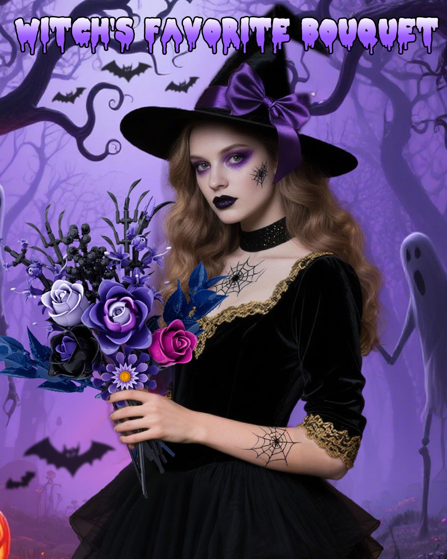 Halloween Flowers Building Set with Vase for Adults, Purple Roses Compatible with Lego Flowers Botanical Collection, 14+