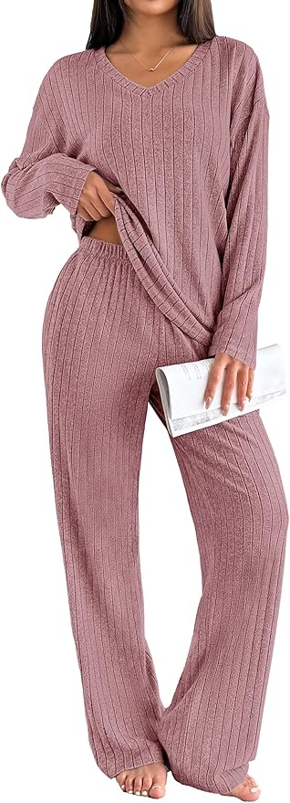 Ekouaer Lounge Sets for Women Long Sleeve Knit Ribbed Pajama Sets 2 Piece Casual Loungewear with Pockets