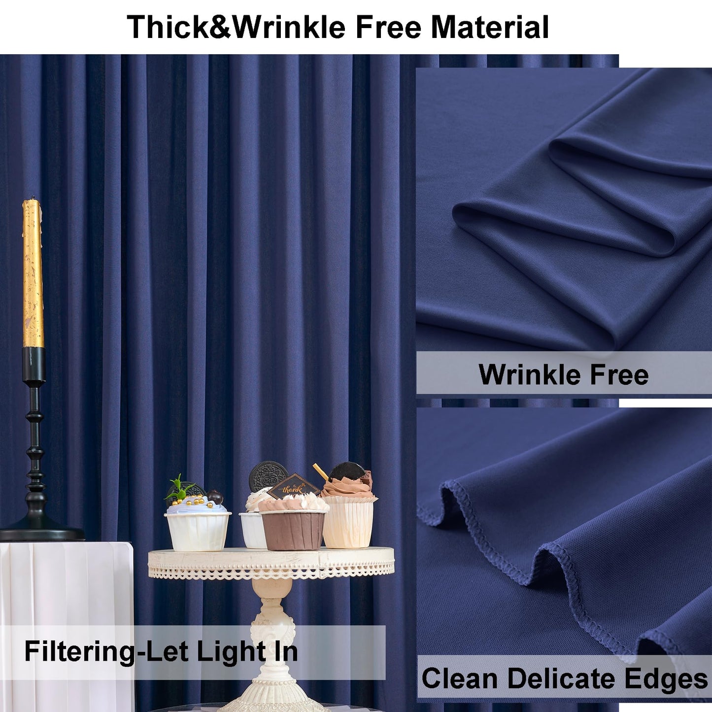 40ft×10ft Navy Blue Wrinkle Free Backdrop Curtains for Parties, 8 Panels 5×10ft Thick Silky Polyester Navy Photo Backdrop Drapes Curtains for Graduation Party Birthday Baby Shower Wedding Photography