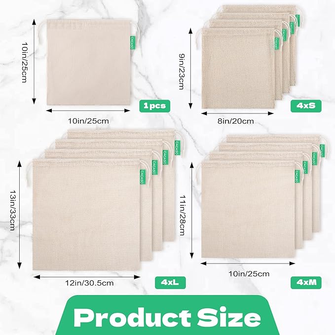 12+1 Pack Reusable Produce Bags, Cotton Mesh Produce Bags Reusable Washable, Grocery Bag, Double-Stitched Vegetable Bag with Drawstrings for Shopping, Transporting and Storing(4xS, 4xM, 4xL)