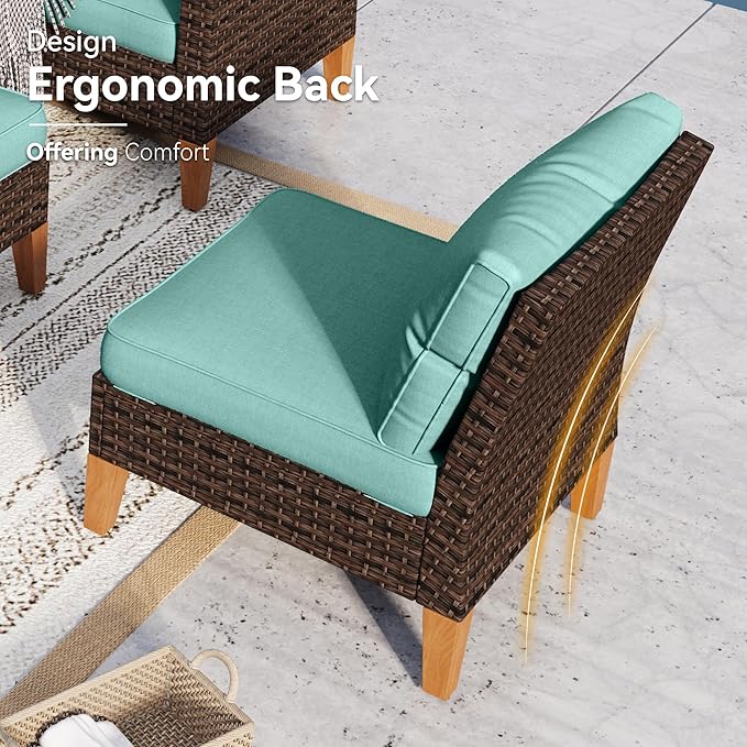 GREEN PARTY 9 Pieces Wicker Patio Furniture Set, All-Weather Outdoor Rattan Half-Moon Curved Patio Sectional Sofa Conversation Set with 4" Thick Cushions for Garden, Backyard, 2 x Ottomans (Blue)