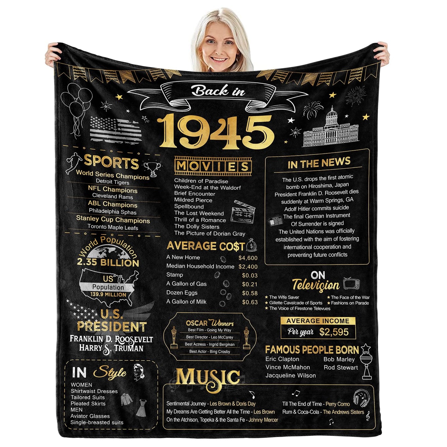 aisdfhsa 80th Birthday Gifts - Back in 1945 - Best 80th Birthday Decorations for Men & Women - Throw Blanket 60Lx50W