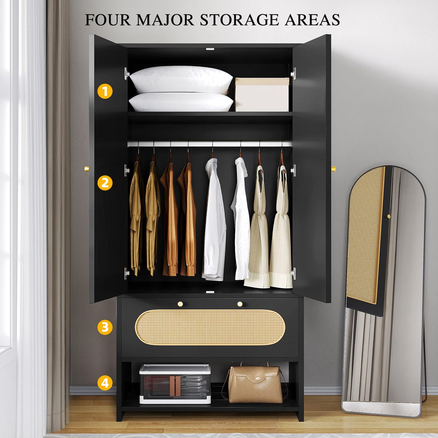 DWVO Rattan Armoire Wardrobe Closet - 70" Tall Rattan Closet with Doors, Large Storage Cabinet with Drawers & Hanging Rod - Black