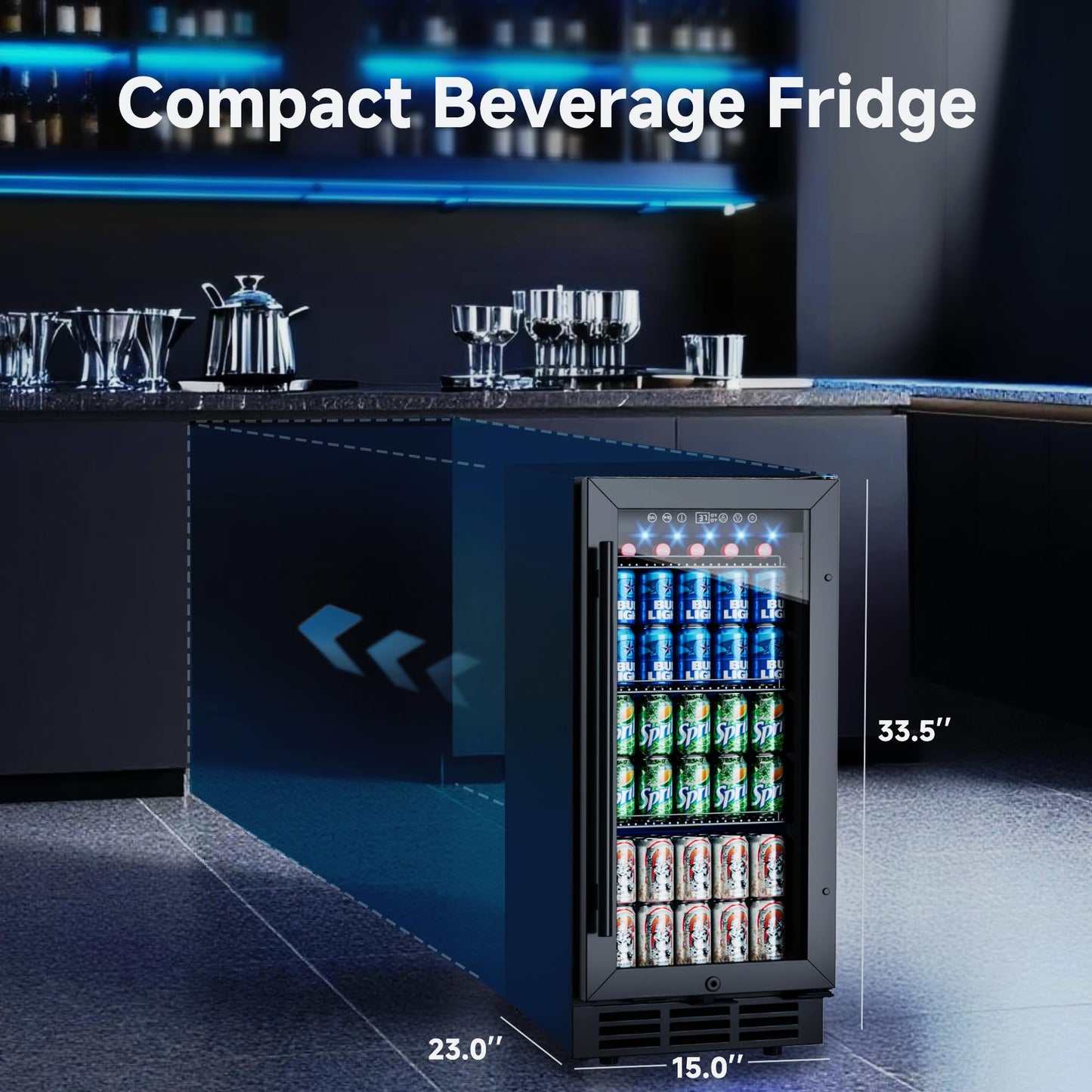 ICEVIVAL 15 Inch Beverage Fridge, 132-Can Capacity Under Counter Refrigerator with Blue LED Display, Beverage Refrigerator with Glass Door & Adjustable Shelves for Home, Bar, Office (Black)