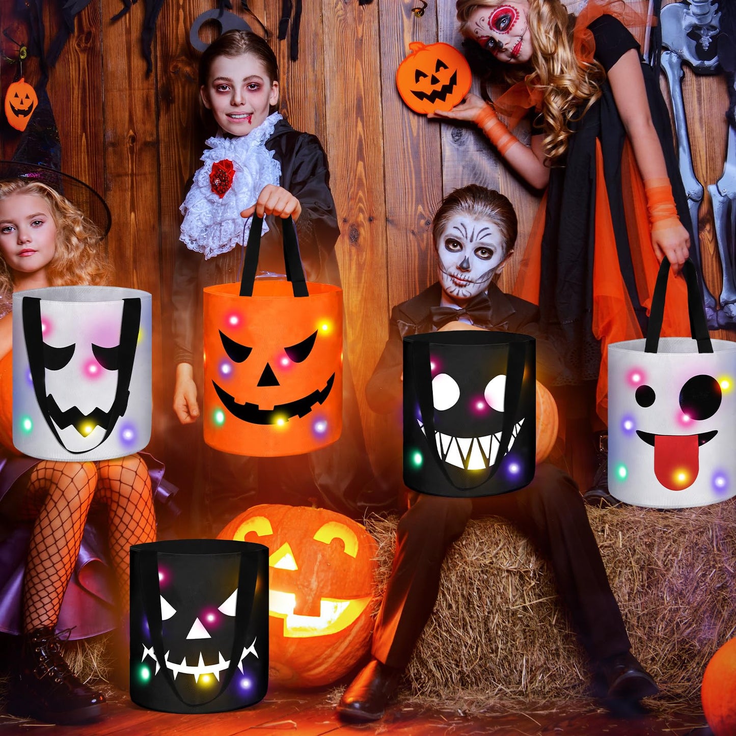 Teling 6 Pcs LED Halloween Candy Bucket Pumpkin Treat Basket Light Multipurpose Reusable Goody Bags for Halloween Supplies Favors(Smile Face)