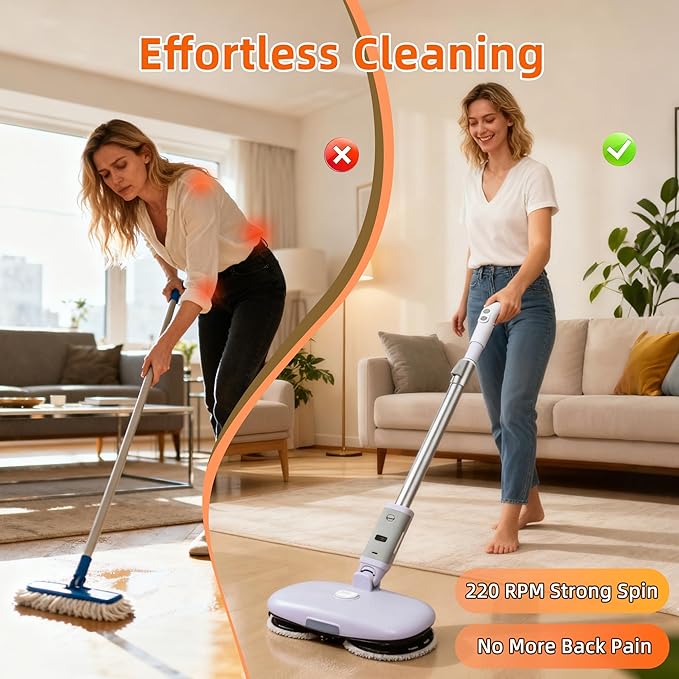 GOBOT Cordless Electric Spray Mop with High-Speed Motor, Enhanced Cleaning Power, Durable Material, LED Headlight, 300 mL Tank, Dual-Spinning Pads for Hardwood, Tile & Laminate