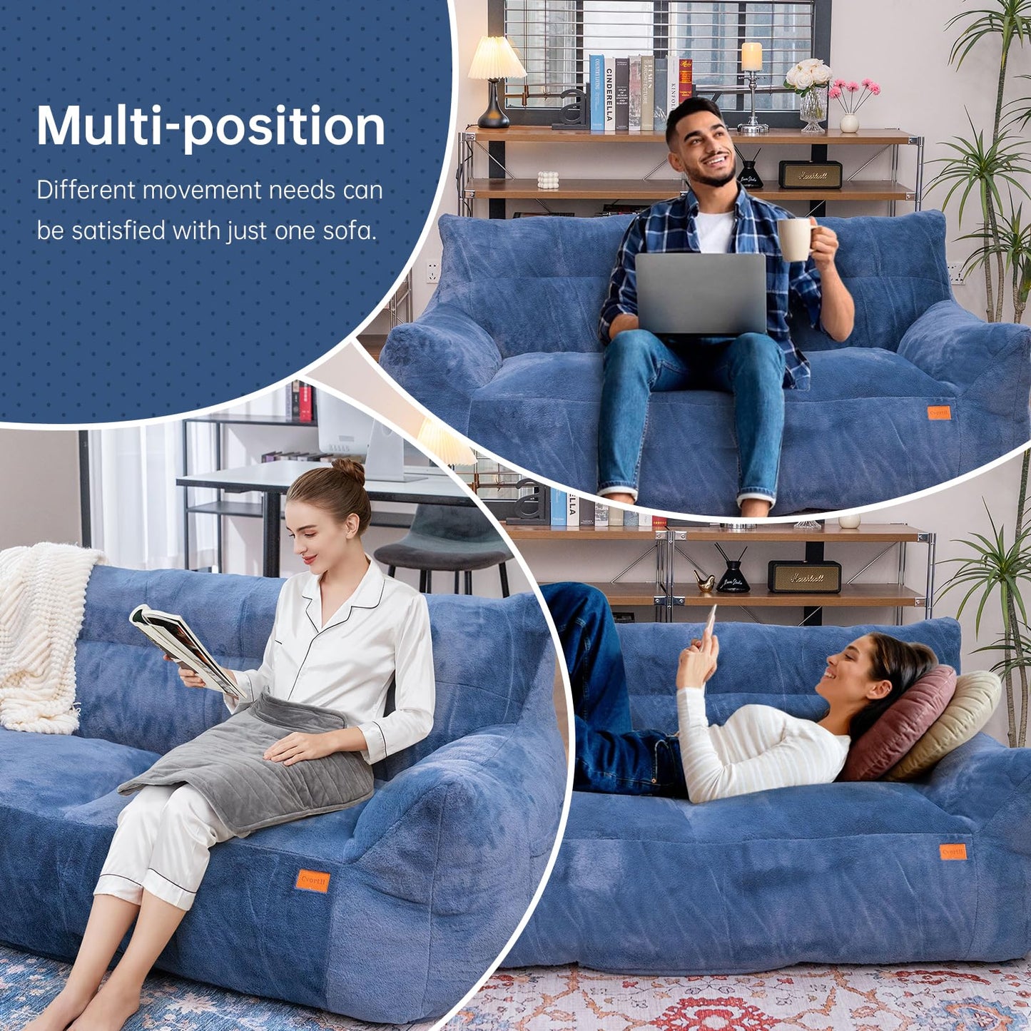 Cvortll Big Bean Bag Chairs for Adults Oversized Beanbag Chair Lazy Sofa with Armrest Foam Filled Loveseat Sofa Floor Comfy Couch for Bedroom,Blue