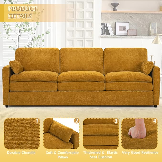 ACMEASE 89” Chenille Sofa w/Arm Pillows, Upholstered 3-Seater Sofa w/Comfortable Back Cushions, Modern 3 Seats Couch w/High-Density Foam for Living Room, Apartment, Office, Yellow