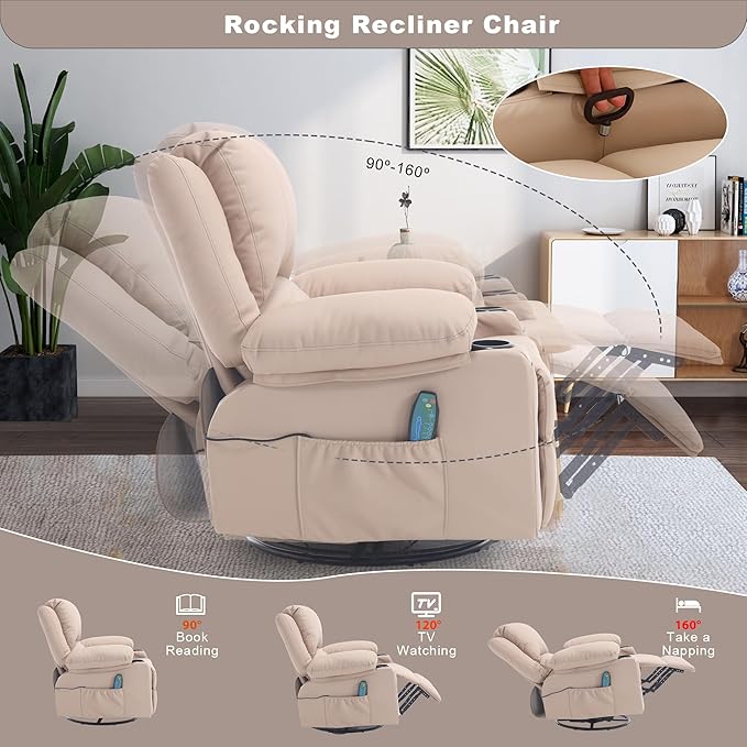 Massage Swivel Rocker Recliner with Lumbar Heat, Oversized Comfy Recliners for Living Room, Modern Single Sofa Rocking Chairs for Adults, Manual Rocker Recliner with Two Cup Holders, Beige