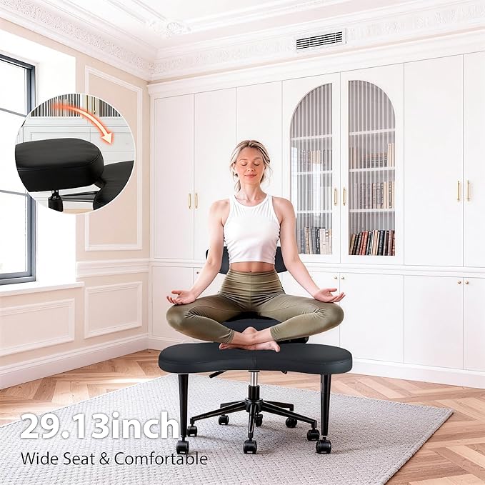 DUMOS Ergonomic ADHD Cross Legged Office Desk Chair with Adjustable Backrest, Height Adjustbale Meditation Chair with 360° Swivel Footstool, PU Leather Yoga Stool for Home Office, Black