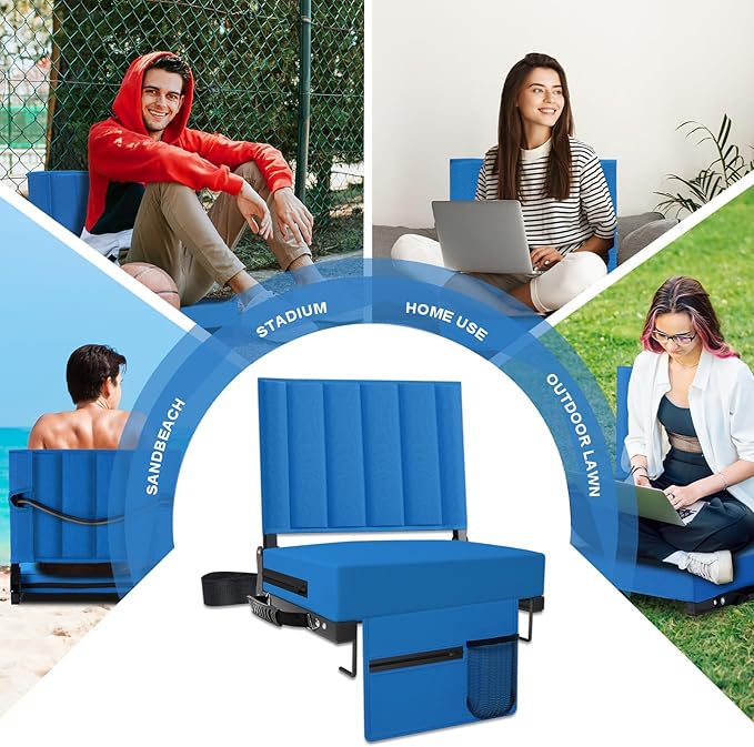 Aliphon Stadium Seat for Bleachers with Back Support and Cushion, Bleacher Seats with Shoulder Strap and Cup Holder, Padded Portable Folding Comfort Stadium Chair, for Sports Events, Blue (1pcs)