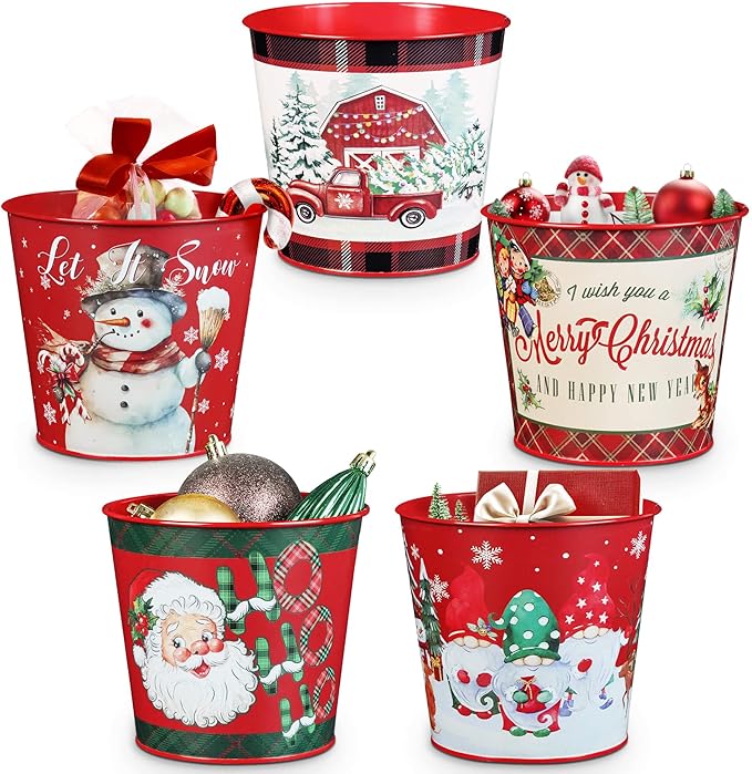 Putuo Decor Christmas Theme Metal Buckets, 5 Pieces Christmas Decorations Round Ice Buckets, Galvanized Small Bucket Pails...