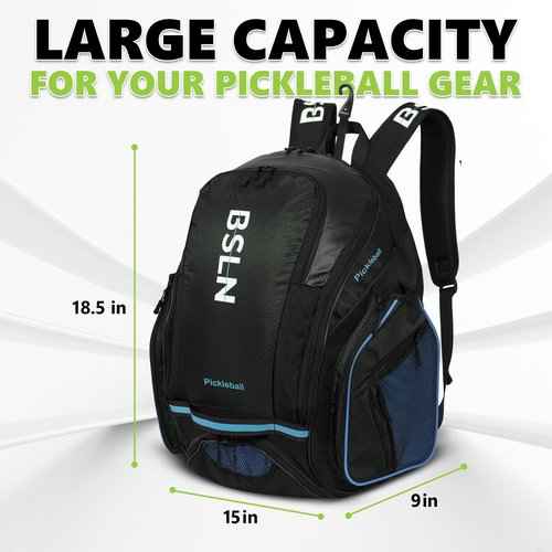 BSLN Pickleball Bag - Large Pickle Ball Sports Backpack with Padded Paddle Pockets & Large Bottom Sack for Shoes - Hanging Fence Hook, Storage Compartments for Laptop, Insulated Water Bottle (blue)