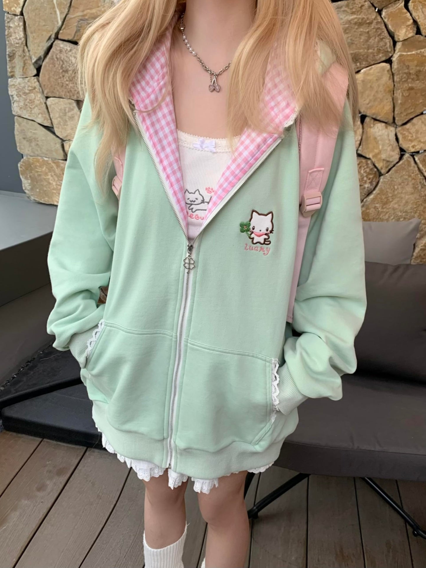 OATSBAS Women's Y2K Cute Floral Hoodies Kawaii Zip Up Hoodies Cartoon Cat Embroidery Oversized Pullover Sweatshirt (Green,Small)