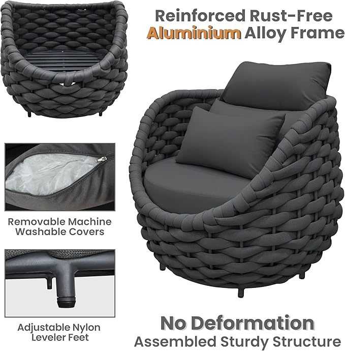 Erotr Aluminum Front Porch Furniture Set: 5 Pieces Woven Rope Patio Conversation Set - All Weather Cushioned Outdoor Sofa Set Assembled - Metal Modern Couch Set 400lb Deck Garden Pool Hotel, Dark Gray