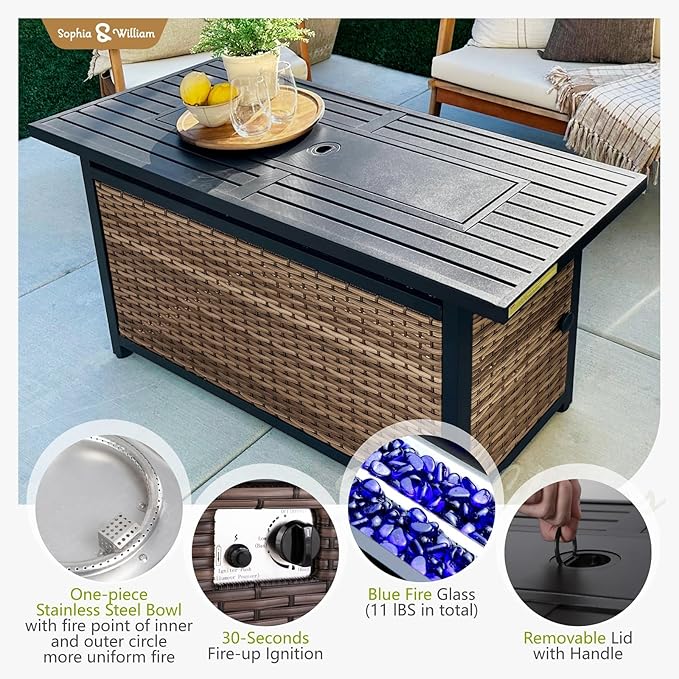 Sophia & William Patio Furniture Set with Fire Pit Table, 10 Piece Outdoor Wicker Furniture Sectional Sofa, Extra Large Patio Rattan Conversation Set with Ottoman & 56" Fire Pit Table(Aqua Blue)