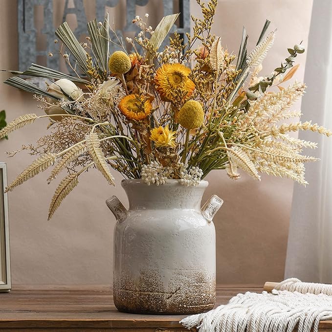 Quoowiit Ceramic Rustic Farmhouse Vase, Distressed Decorative Flower Vase for Home Decor, Ideal Shelf Decor, White Boho Va...