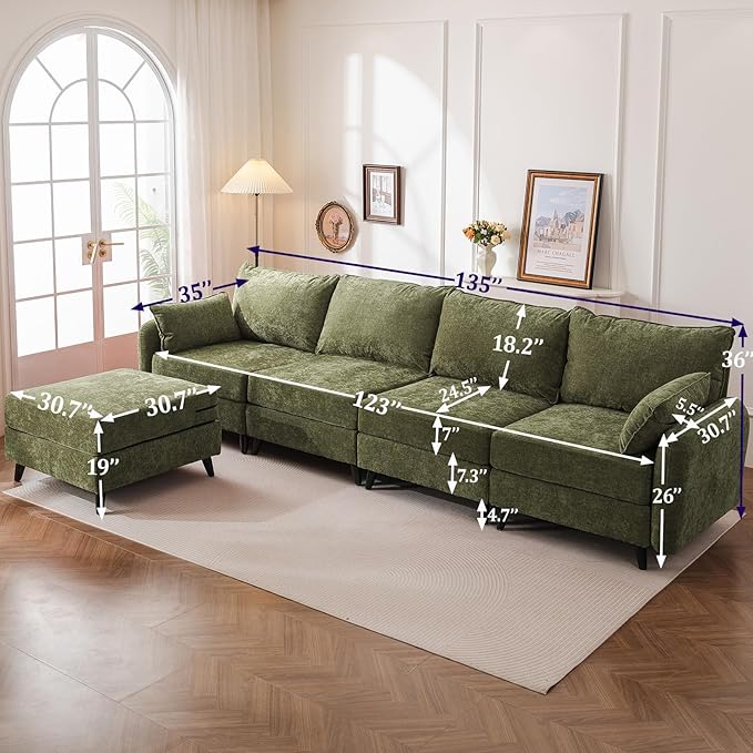 Rexulqo 135'' Modular Sectional Sofa with All Seats Storage, Oversized L Shaped Couch for Living Room,4-Seater Comfy Cloud Couches with Movable Ottoman,Big Sectionals for Bedroom,Velet,Green