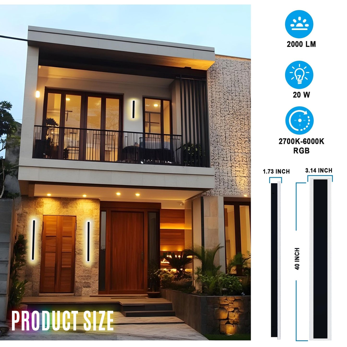 SLARY 2PCS 40" RGBW LED Long Wall Light Outdoor, Black Led Wall Sconces, IP66 Waterproof Wall Lighting, Exterior Light Fixtures Wall Mount, APP Control for Outdoor/Indoor Party Gathering