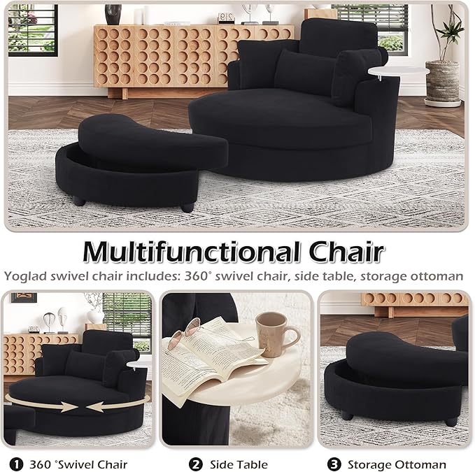 Yoglad Oversized Round Swivel Accent Chair - 360 Degree Chairs with Ottoman Armrest Tray Ideal for Living Room, Bedroom(Corduroy Black)