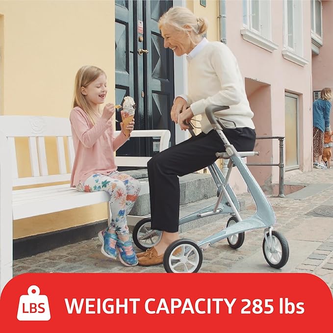 byACRE Ultralight Rollator Walker with Seat, Lightweight Folding Mobility Aid for Seniors, Compact Upright Walking Support,16.5" x 24" Seat (W x H), Comfort Handles and Storage, Blue