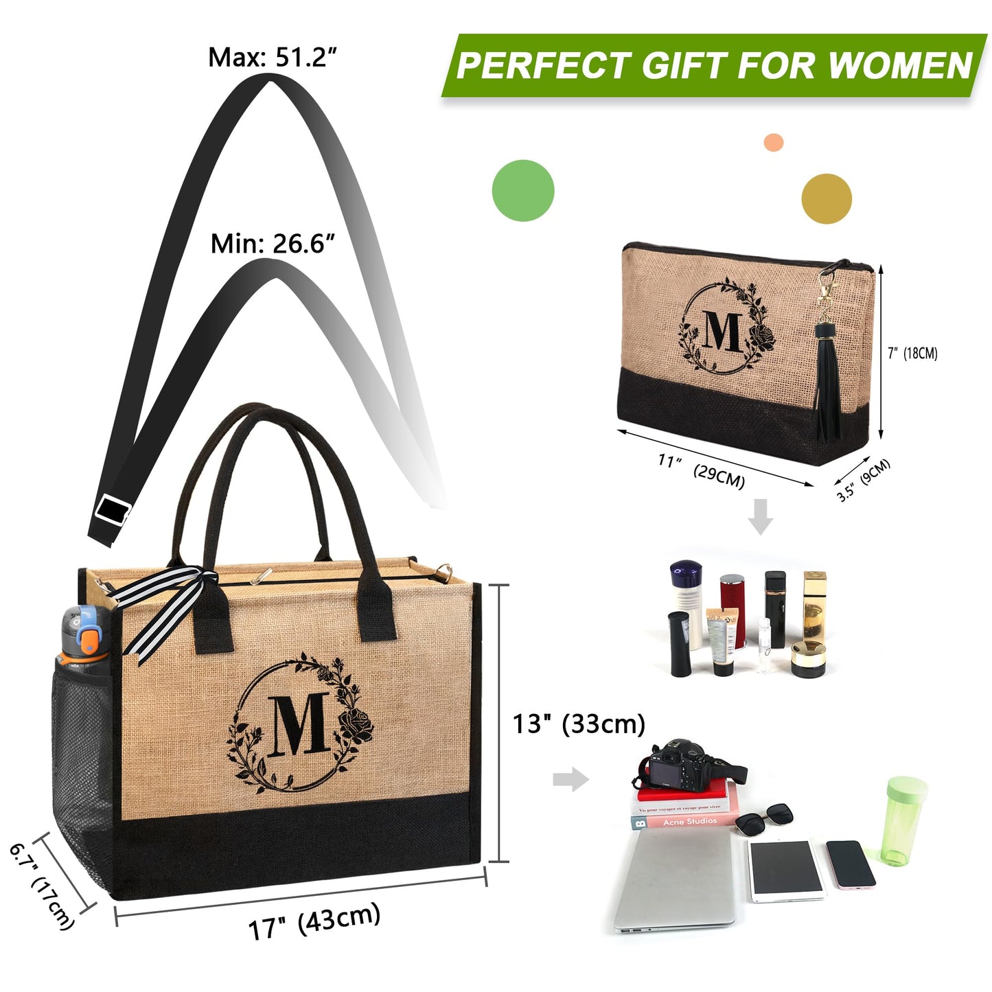 BeeGreen Beach Bag for Women Personalized Birthday Gifts for Friends Mother Bride Initial Jute Tote Bag with Zipper Closure Embroidery Large Teacher Tote Bag with Inner& Side Pouch M