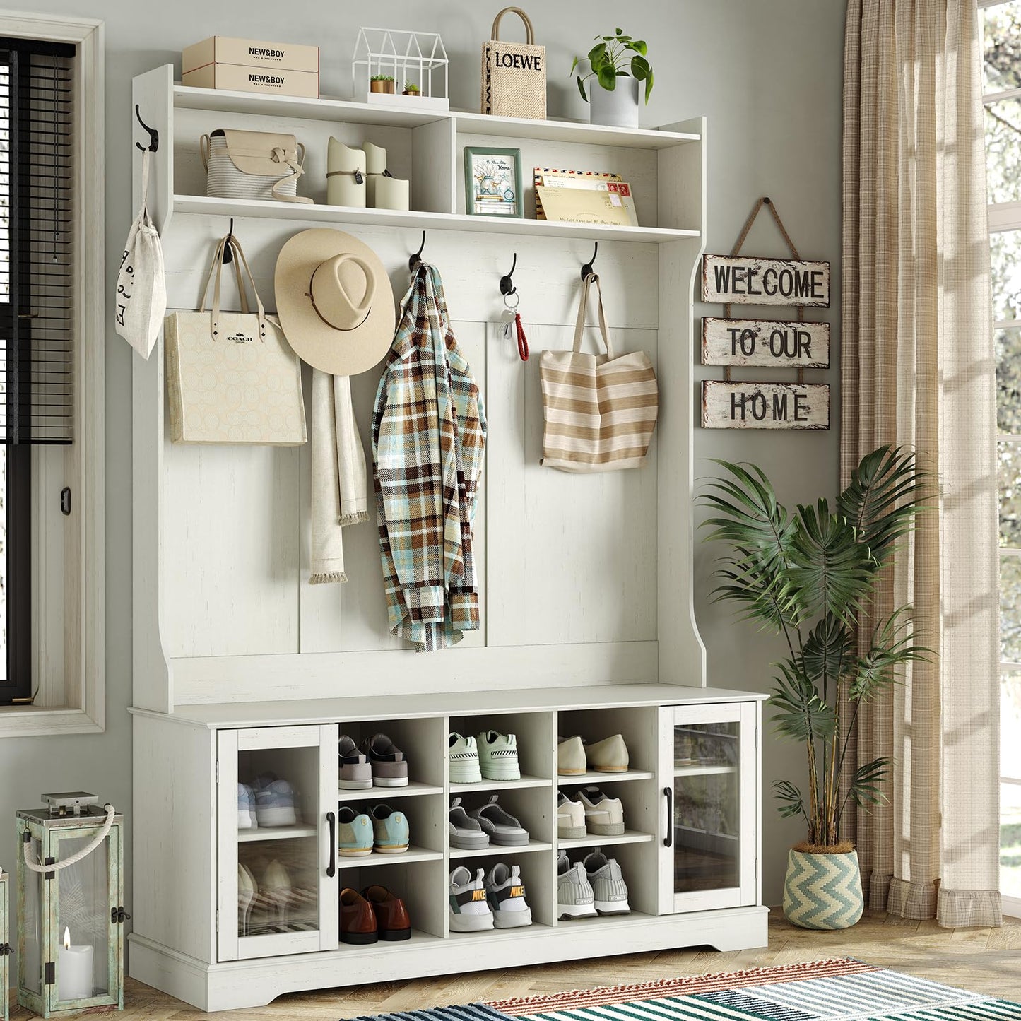 Furnihold 51.3'' Hall Tree, Off White Entryway Bench with Coat Rack, 10 Shoe Storage & 7 Coat Hooks & Adjustable Shelf, Glass Door Farmhouse Wooden Style Hall Tree with Shoe Storage Bench