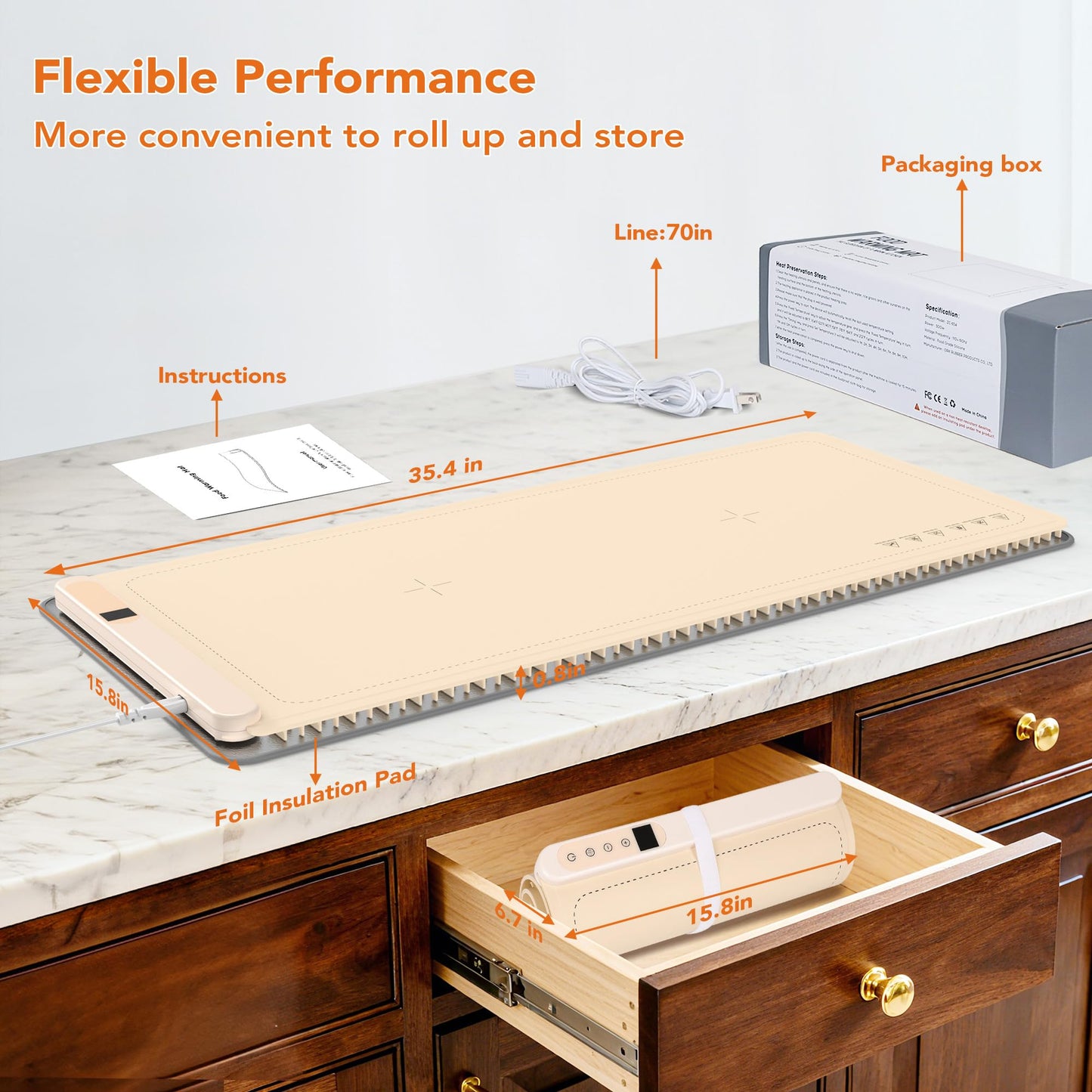 Warming Mat for Food, XXL 35"x16", Electric Warming Tray for Parties Buffet, Graphene 3S Rapid Full-Surface Heating Mat with 8 Level Adjustable Temp and 12 Hours Timer, Included Insulating Mat