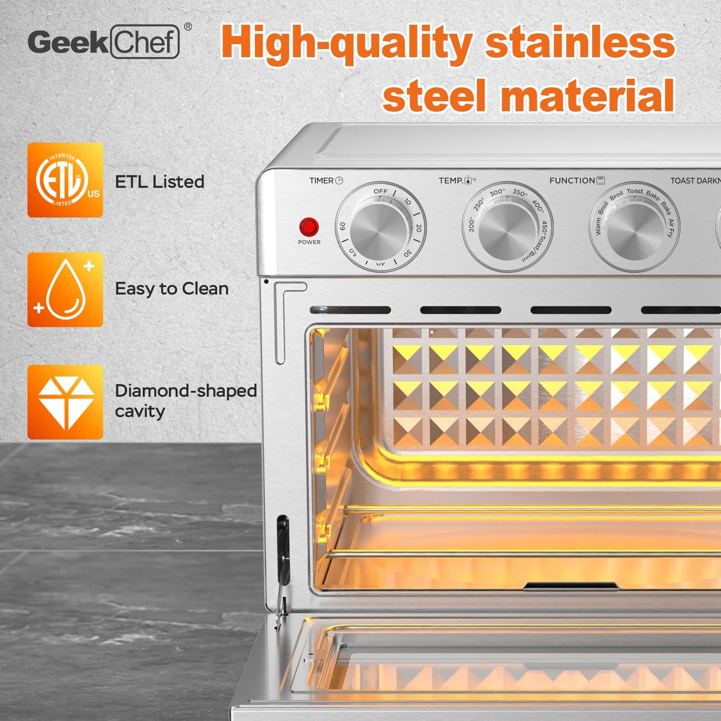 Geek Chef Air Fryer Toaster Oven 26 QT, Large AirFryer Convection Countertop Oven Combo with Easy Bake, Roast, Broil, Warm, 6 Slice Toast 7-in-1 Functions, 3 Layers with 4 Accessories,Stainless Steel